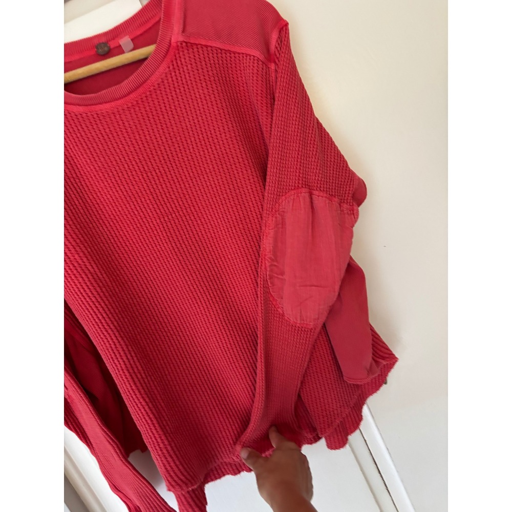 Free People FP One Rich Red Waffle Knit Thermal Mixed Media Top Long Sleeve XL - Picture 4 of 11